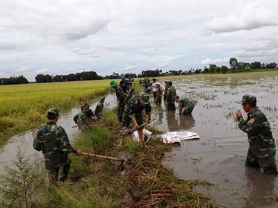 Đồn Biên phòng Long Khốt: giúp dân đắp đê ngăn lũ